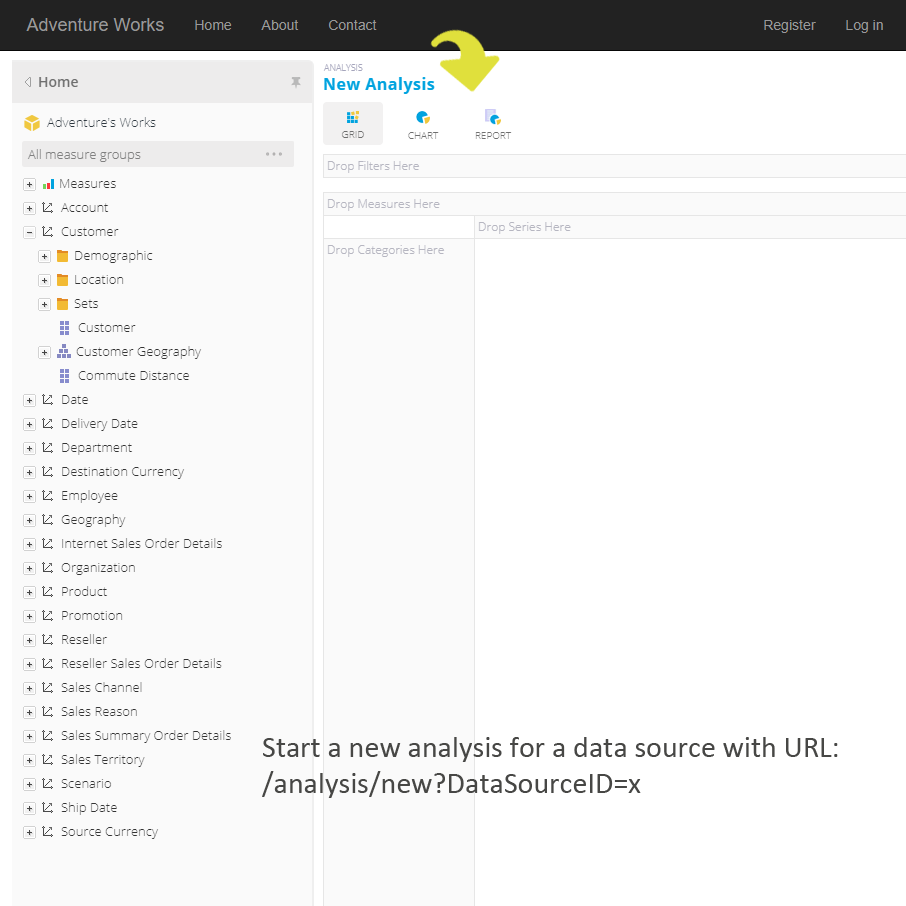 Use URL to start new analysis on existing data source with optional attributes to hide some visuals. For example, http://localhost:85/analysis/new?DataSourceID=16116&hideHomeLink=1&hideSave=1&hideHeader=1