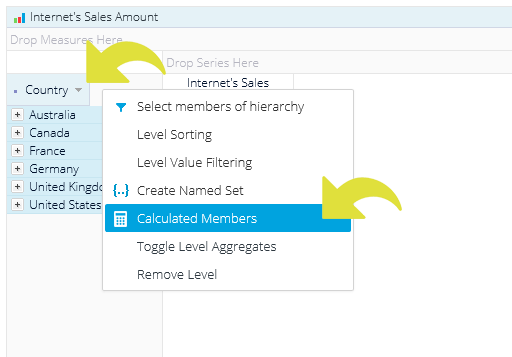 Click on the arrow on the added dimension and choose 'Calculated Members' ... 