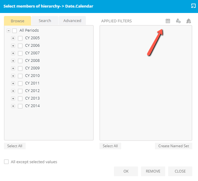 When the OLAP date dimension hierarchy is added to the analysis as a filter, a user can choose to select its hierarchy items or switch to the Calendar Picker view.