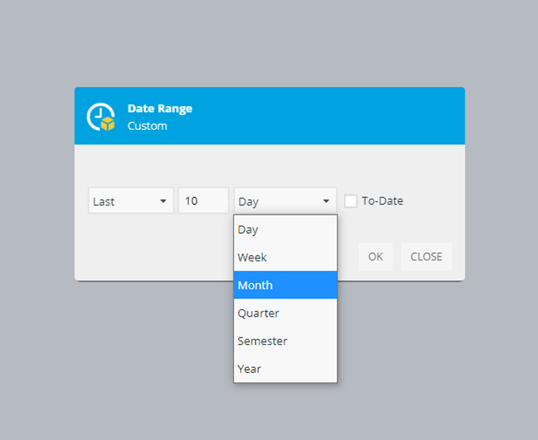 Calendar Date Picker already offers some shortcuts to select relative time range at the moment of opening. For more advanced configuration of a relative period of time, click on the 'Custom' button and provide any past, current, or future time period for data slicing. Optionally, include 'To-Date' that will include the current time unit in the slicing period.