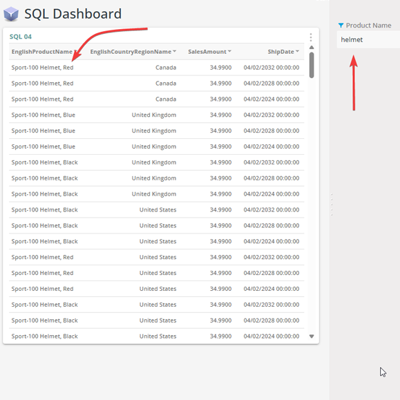 SQL Dashboard, Filter with Parameters